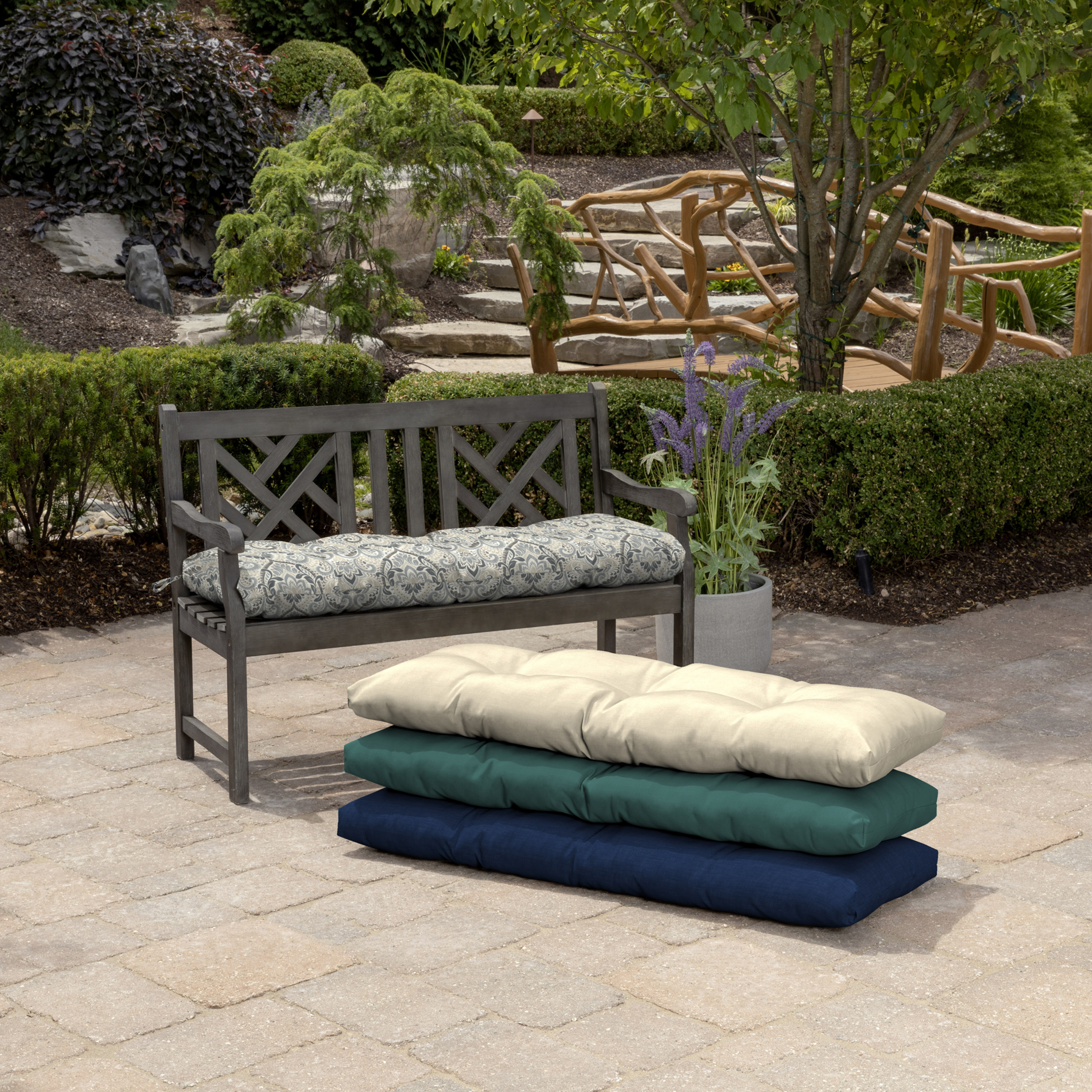 Arden Selections 48 in. x 18 in. Neutral Aurora Damask Rectangle Outdoor Bench Cushion